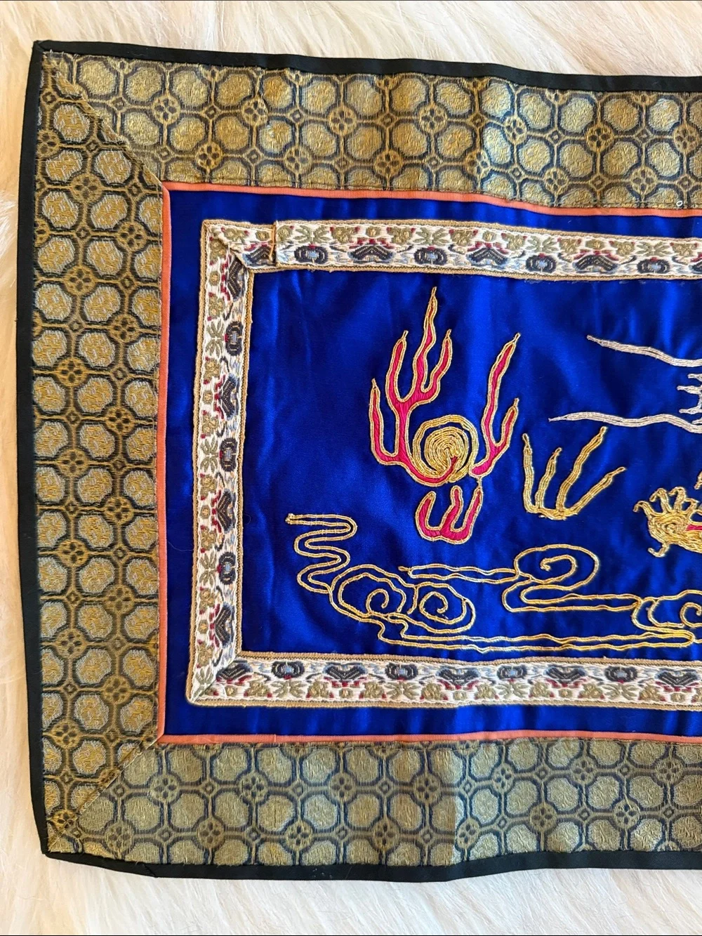Vintage Embroidered Golden Dragon Table Scarf Handmade